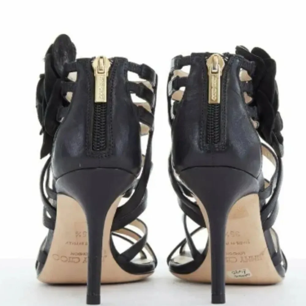 Authentic Jimmy Choo Black Leather Opaque Flower Cage Sandals - Picture 6 of 13